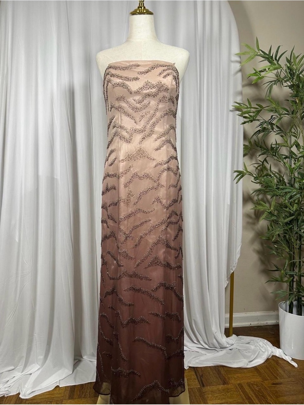 Cache Strapless Ombre Beaded Gown in Blush to Cocoa